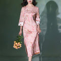 Jade-Pink Jinling Satin "Kitten Chasing Butterflies" | Modern one-Pieces Qipao Dress(芳妍)