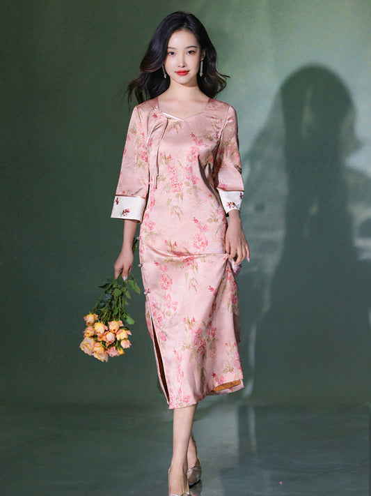 Jade-Pink Jinling Satin "Kitten Chasing Butterflies" | Modern one-Pieces Qipao Dress(芳妍)