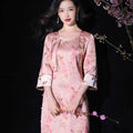 Jade-Pink Jinling Satin "Kitten Chasing Butterflies" | Modern one-Pieces Qipao Dress(芳妍)