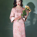 Jade-Pink Jinling Satin "Kitten Chasing Butterflies" | Modern one-Pieces Qipao Dress(芳妍)