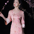 Jade-Pink Jinling Satin "Kitten Chasing Butterflies" | Modern one-Pieces Qipao Dress(芳妍)
