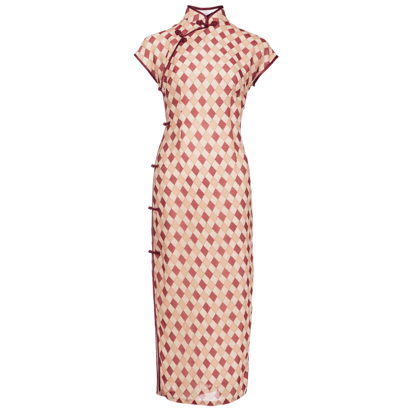 Apricot Geometric Diamond Pattern| Modern one-Pieces Qipao Dress（方仪） - E·Beauty