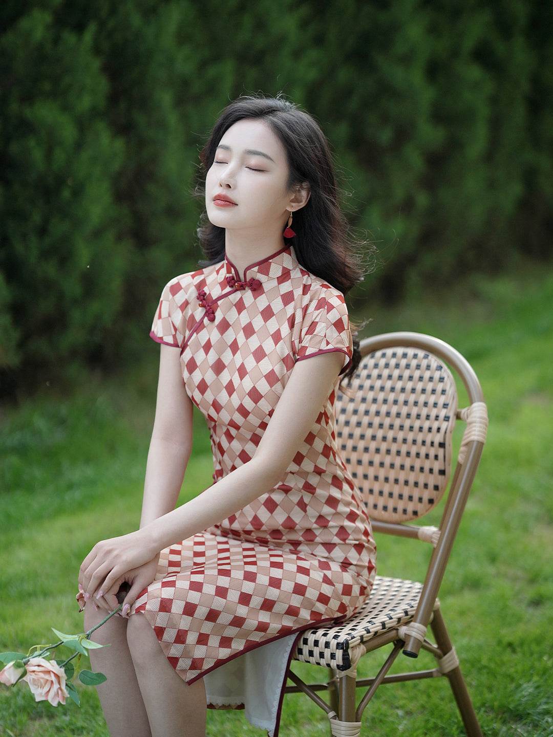 Apricot Geometric Diamond Pattern| Modern one-Pieces Qipao Dress（方仪） - E·Beauty