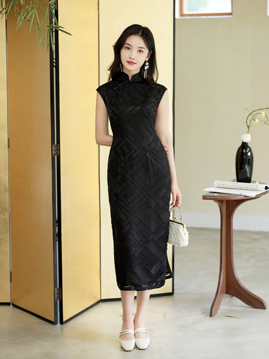 Black Minimalist Silk Burnout | Modern one-Pieces Qipao Dress(风琉璃)