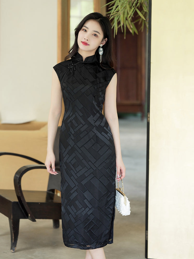 Black Minimalist Silk Burnout | Modern one-Pieces Qipao Dress(风琉璃)