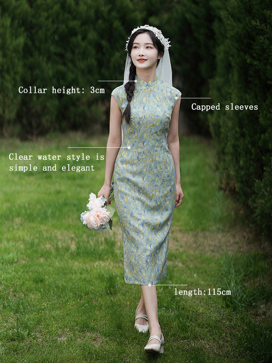 Soft green painterly print| Modern one-Pieces Qipao Dress（婺曼）