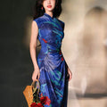 Red rose with Sapphire Blue Stretch Mesh Fabric|Full-length flared skirt(浣黎) - E·Beauty