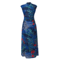 Red rose with Sapphire Blue Stretch Mesh Fabric|Full-length flared skirt(浣黎) - E·Beauty