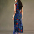 Red rose with Sapphire Blue Stretch Mesh Fabric|Full-length flared skirt(浣黎) - E·Beauty