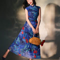 Red rose with Sapphire Blue Stretch Mesh Fabric|Full-length flared skirt(浣黎) - E·Beauty