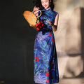 Red rose with Sapphire Blue Stretch Mesh Fabric|Full-length flared skirt(浣黎) - E·Beauty