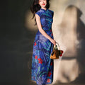 Red rose with Sapphire Blue Stretch Mesh Fabric|Full-length flared skirt(浣黎) - E·Beauty