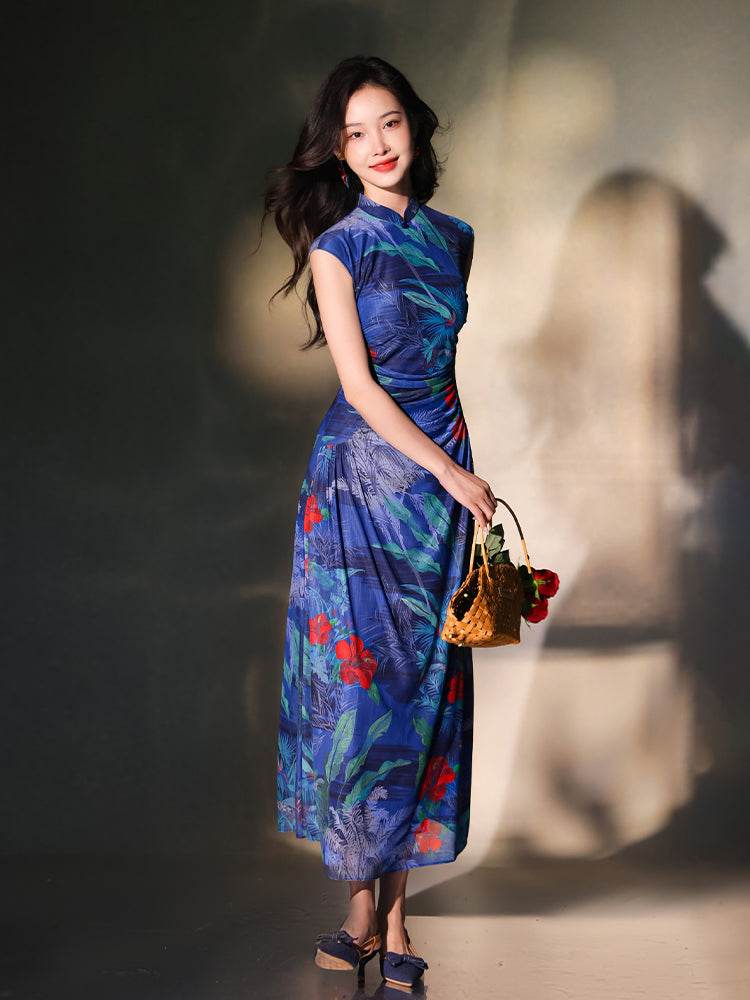 Red rose with Sapphire Blue Stretch Mesh Fabric|Full-length flared skirt(浣黎) - E·Beauty