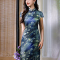 Sky-Blue Jinling Satin with Cosmic Daisies - Relaxed Silhouette | Modern one-Pieces Qipao Dress (彗予)