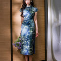 Sky-Blue Jinling Satin with Cosmic Daisies - Relaxed Silhouette | Modern one-Pieces Qipao Dress (彗予)