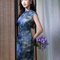 Sky-Blue Jinling Satin with Cosmic Daisies - Relaxed Silhouette | Modern one-Pieces Qipao Dress (彗予)