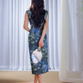 Sky-Blue Jinling Satin with Cosmic Daisies - Relaxed Silhouette | Modern one-Pieces Qipao Dress (彗予)