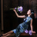 Sky-Blue Jinling Satin with Cosmic Daisies - Relaxed Silhouette | Modern one-Pieces Qipao Dress (彗予)