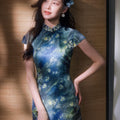 Sky-Blue Jinling Satin with Cosmic Daisies - Relaxed Silhouette | Modern one-Pieces Qipao Dress (彗予)