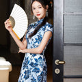 Imperial Kiln-inspired blue-white motif| Modern one-Pieces Qipao Dress（珈蓝） - E·Beauty