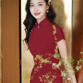 Haute Couture Red Acetate Fabric| Modern one-Pieces Qipao Dress（妗鸿） - E·Beauty