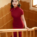 Haute Couture Red Acetate Fabric| Modern one-Pieces Qipao Dress（妗鸿） - E·Beauty