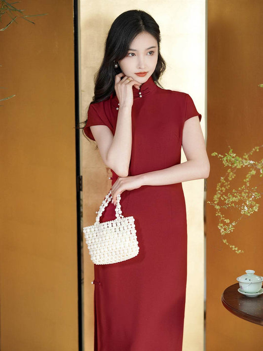 Haute Couture Red Acetate Fabric| Modern one-Pieces Qipao Dress（妗鸿） - E·Beauty