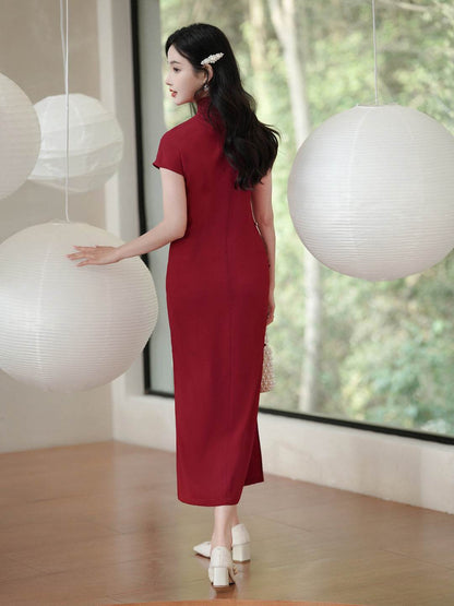 Haute Couture Red Acetate Fabric| Modern one-Pieces Qipao Dress（妗鸿） - E·Beauty
