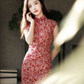 Pompeian Red Lobelia pattern| Modern one-Pieces Qipao Dress（龙葵） - E·Beauty