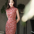 Pompeian Red Lobelia pattern| Modern one-Pieces Qipao Dress（龙葵） - E·Beauty