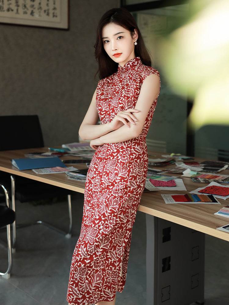 Pompeian Red Lobelia pattern| Modern one-Pieces Qipao Dress（龙葵） - E·Beauty
