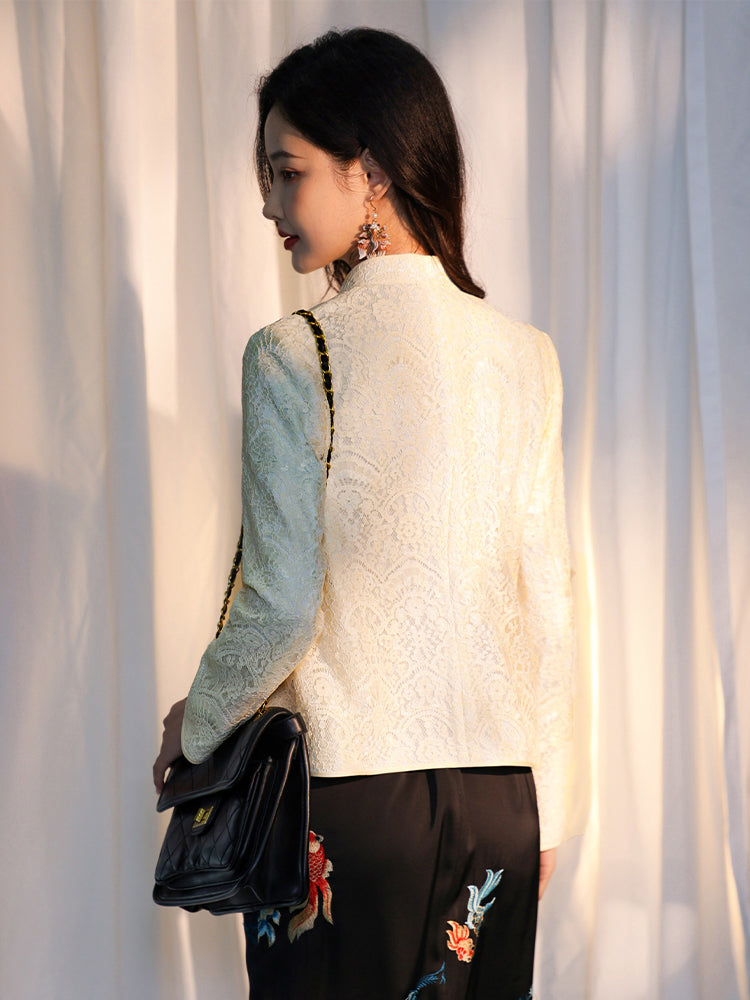 Pearl White Elegance: Crystal Knot Lace | Neo-Chinese Jacket(露婧)