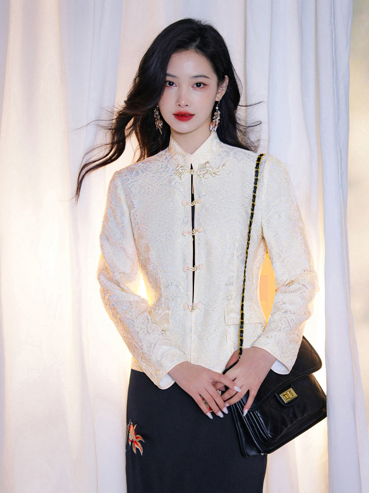 Pearl White Elegance: Crystal Knot Lace | Neo-Chinese Jacket(露婧)