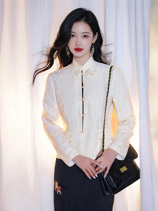 Pearl White Elegance: Crystal Knot Lace | Neo-Chinese Jacket(露婧)
