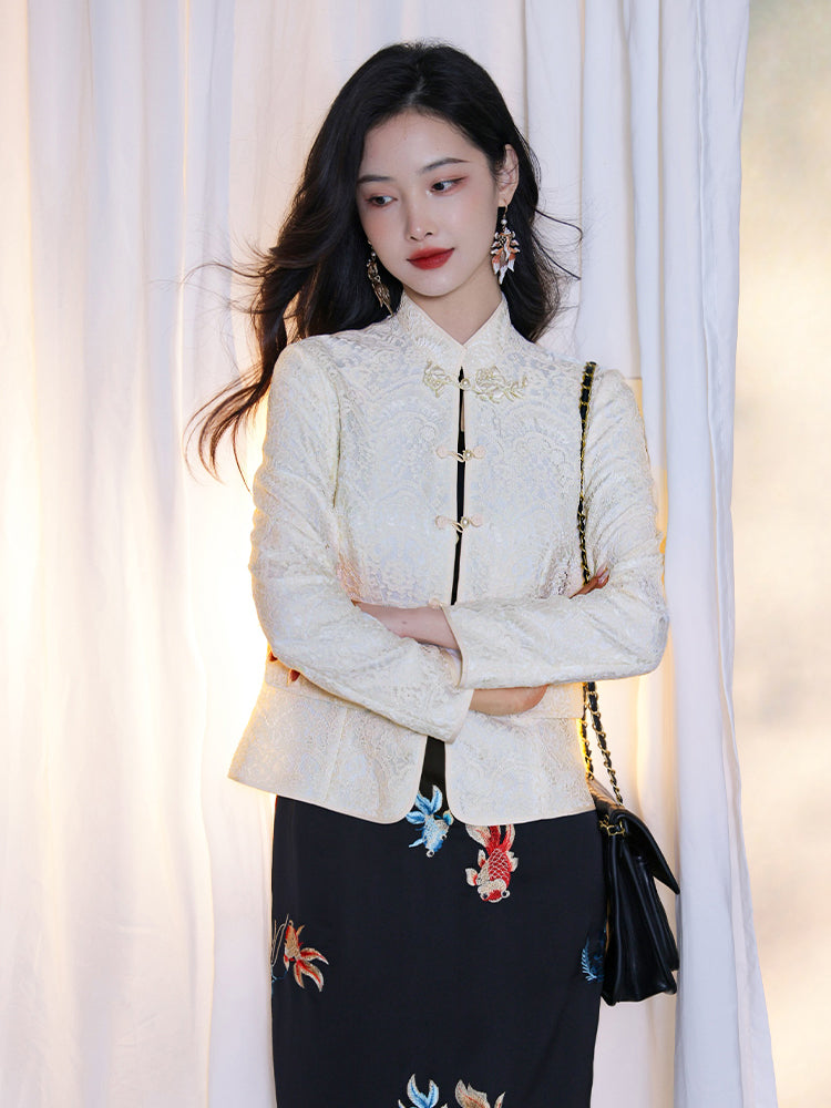 Pearl White Elegance: Crystal Knot Lace | Neo-Chinese Jacket(露婧)