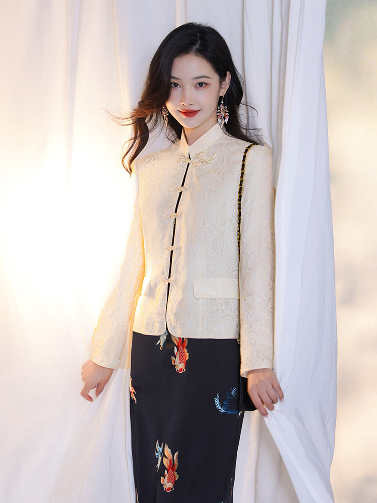 Pearl White Elegance: Crystal Knot Lace | Neo-Chinese Jacket(露婧)