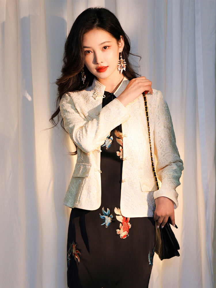Pearl White Elegance: Crystal Knot Lace | Neo-Chinese Jacket(露婧)
