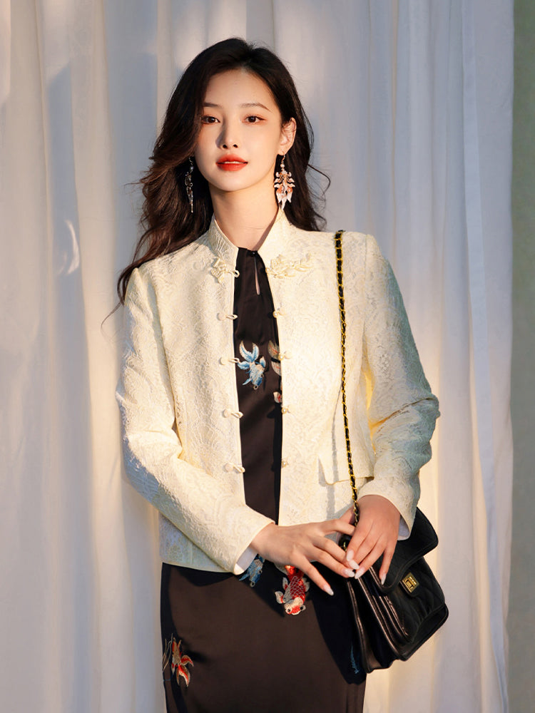 Pearl White Elegance: Crystal Knot Lace | Neo-Chinese Jacket(露婧)