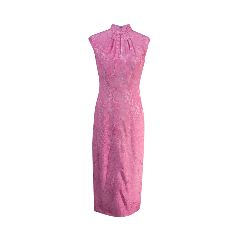 Pink Satin Jacquard Fabric with Silk Finish| Modern one-Pieces Qipao Dress（梅闵） - E·Beauty