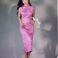 Pink Satin Jacquard Fabric with Silk Finish| Modern one-Pieces Qipao Dress（梅闵） - E·Beauty