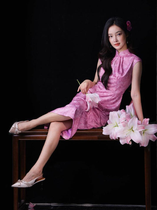 Pink Satin Jacquard Fabric with Silk Finish| Modern one-Pieces Qipao Dress（梅闵） - E·Beauty