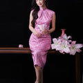 Pink Satin Jacquard Fabric with Silk Finish| Modern one-Pieces Qipao Dress（梅闵） - E·Beauty