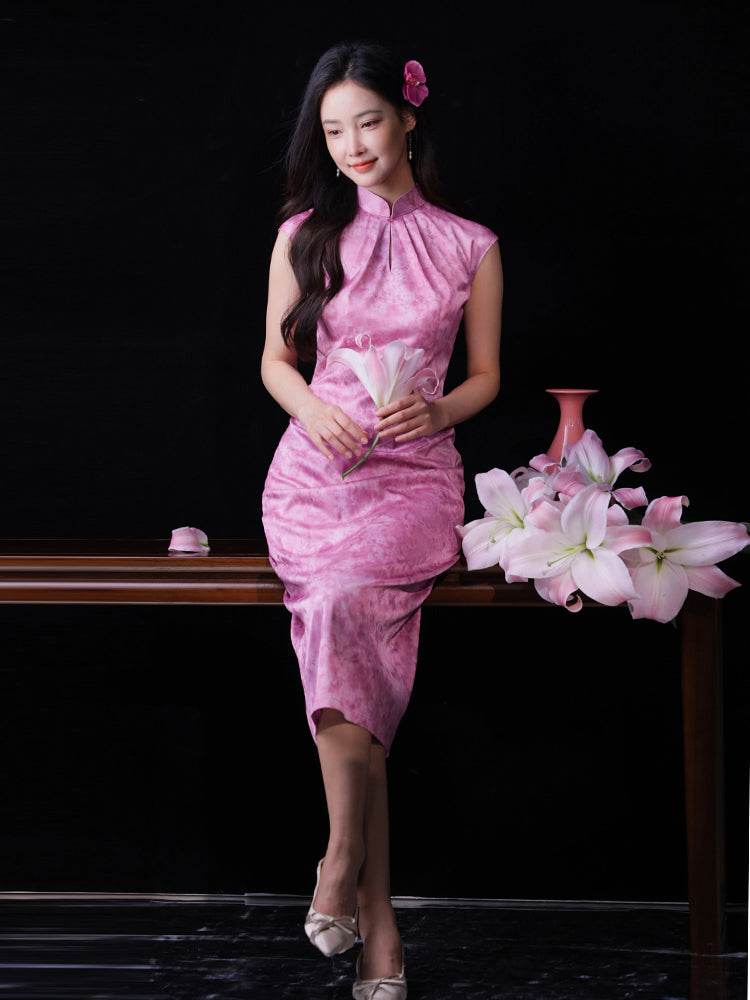 Pink Satin Jacquard Fabric with Silk Finish| Modern one-Pieces Qipao Dress（梅闵） - E·Beauty