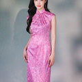 Pink Satin Jacquard Fabric with Silk Finish| Modern one-Pieces Qipao Dress（梅闵） - E·Beauty