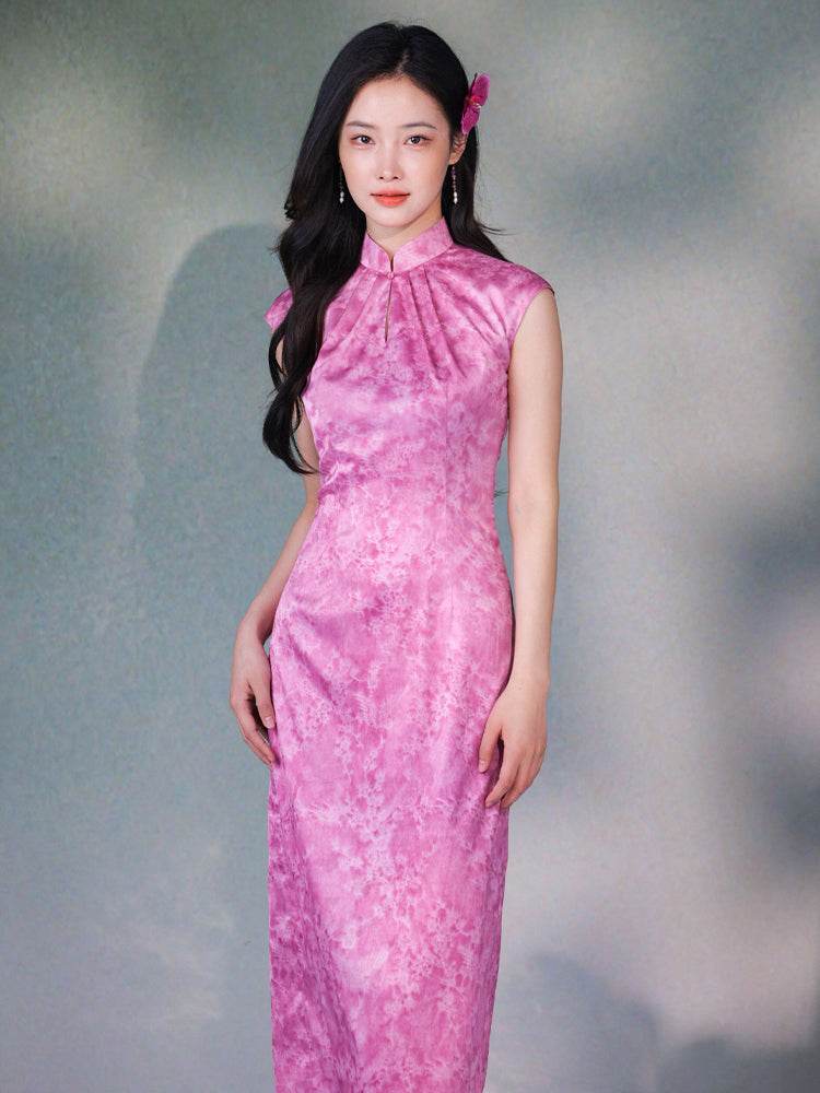 Pink Satin Jacquard Fabric with Silk Finish| Modern one-Pieces Qipao Dress（梅闵） - E·Beauty