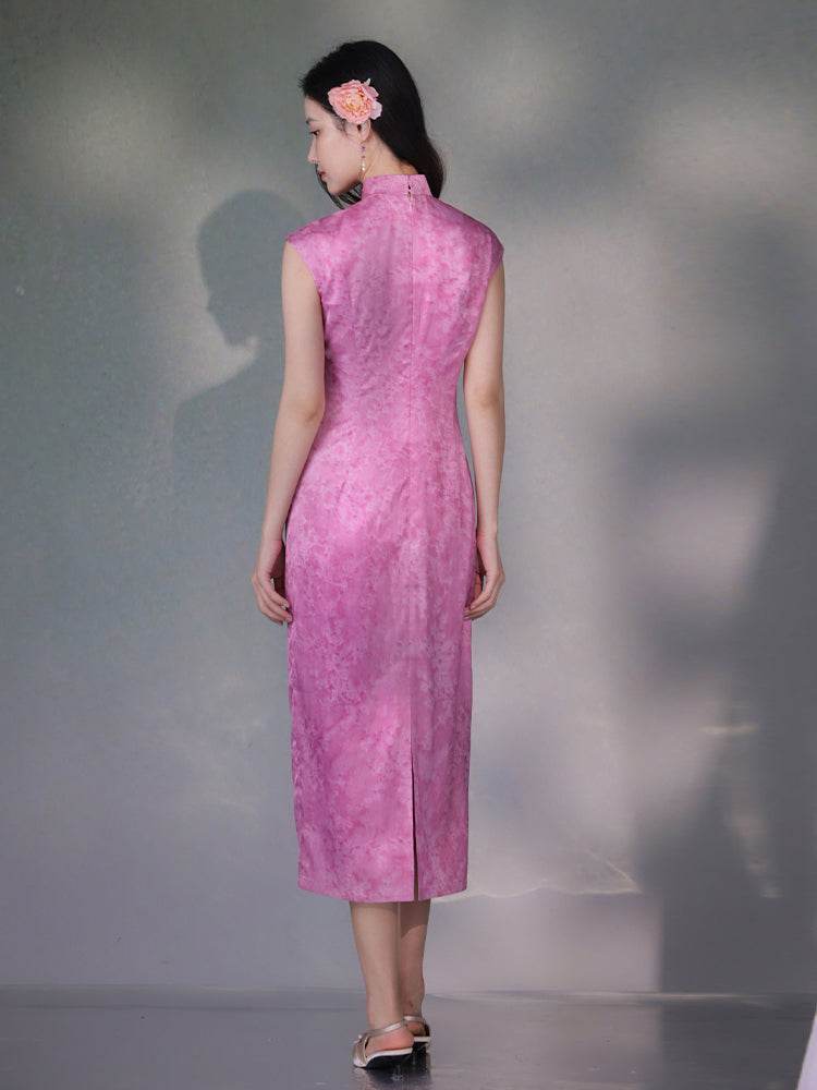 Pink Satin Jacquard Fabric with Silk Finish| Modern one-Pieces Qipao Dress（梅闵） - E·Beauty
