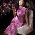 Pink Satin Jacquard Fabric with Silk Finish| Modern one-Pieces Qipao Dress（梅闵） - E·Beauty