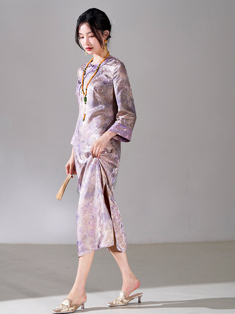 Lilac Purple Handwoven Song Brocade Silk | Modern one-Pieces Qipao Dress  (梦予)