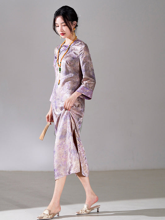 Lilac Purple Handwoven Song Brocade Silk | Modern one-Pieces Qipao Dress  (梦予)