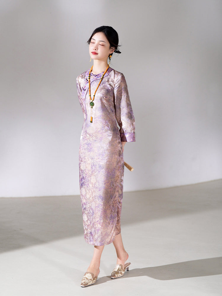 Lilac Purple Handwoven Song Brocade Silk | Modern one-Pieces Qipao Dress  (梦予)